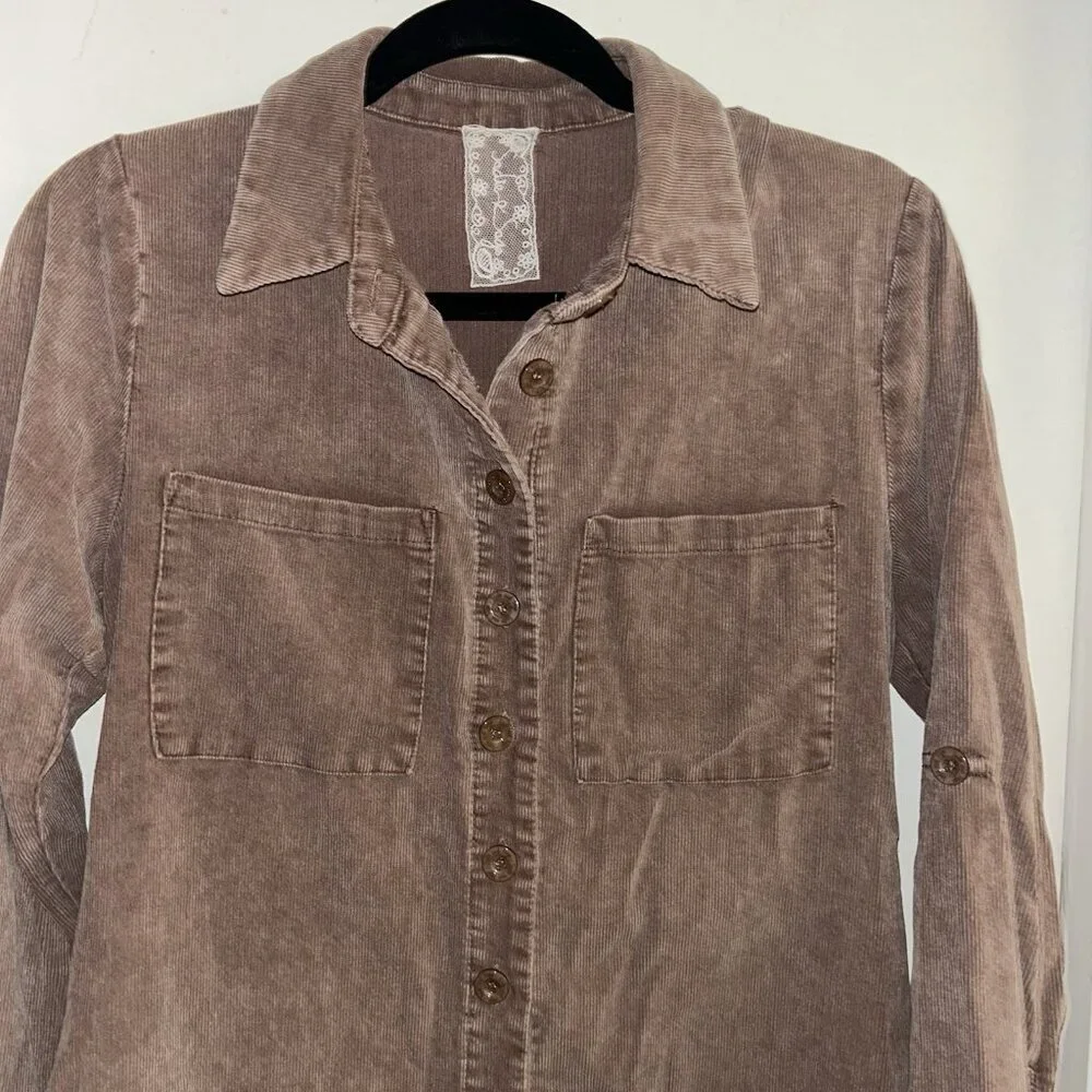 SADIE & SAGE Brown Corduroy Button Up Collared Preppy Shorts Romper Size Small